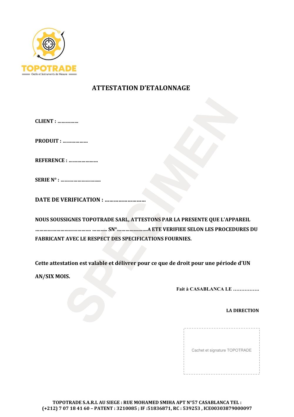 Spécimen — Attestation d'étalonnage
