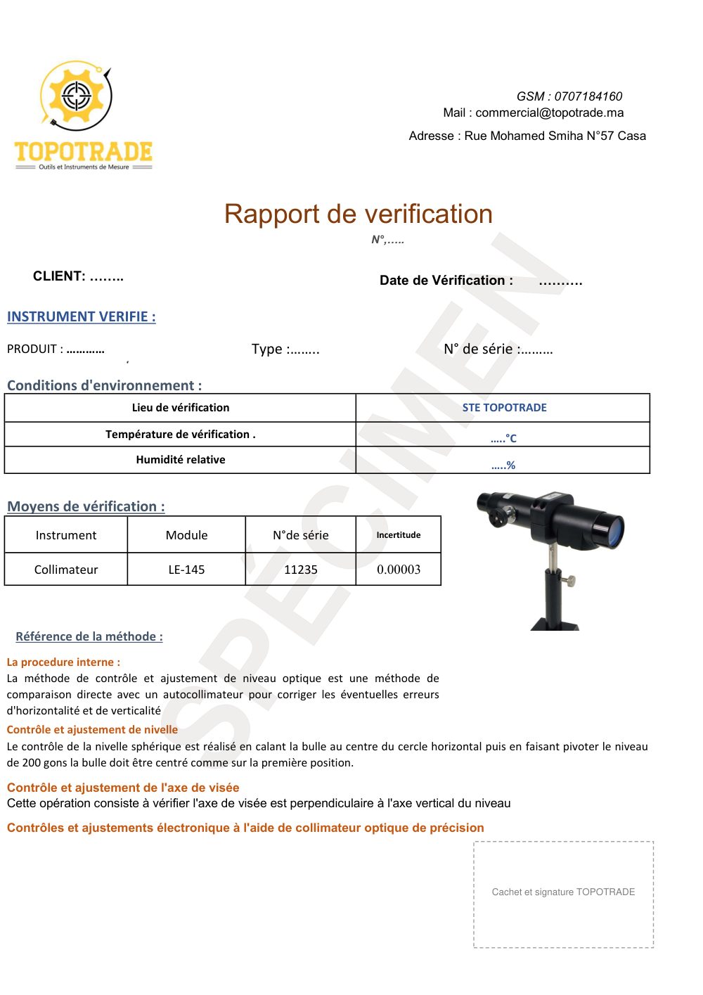 Spécimen — Rapport de vérification niveau — méthode