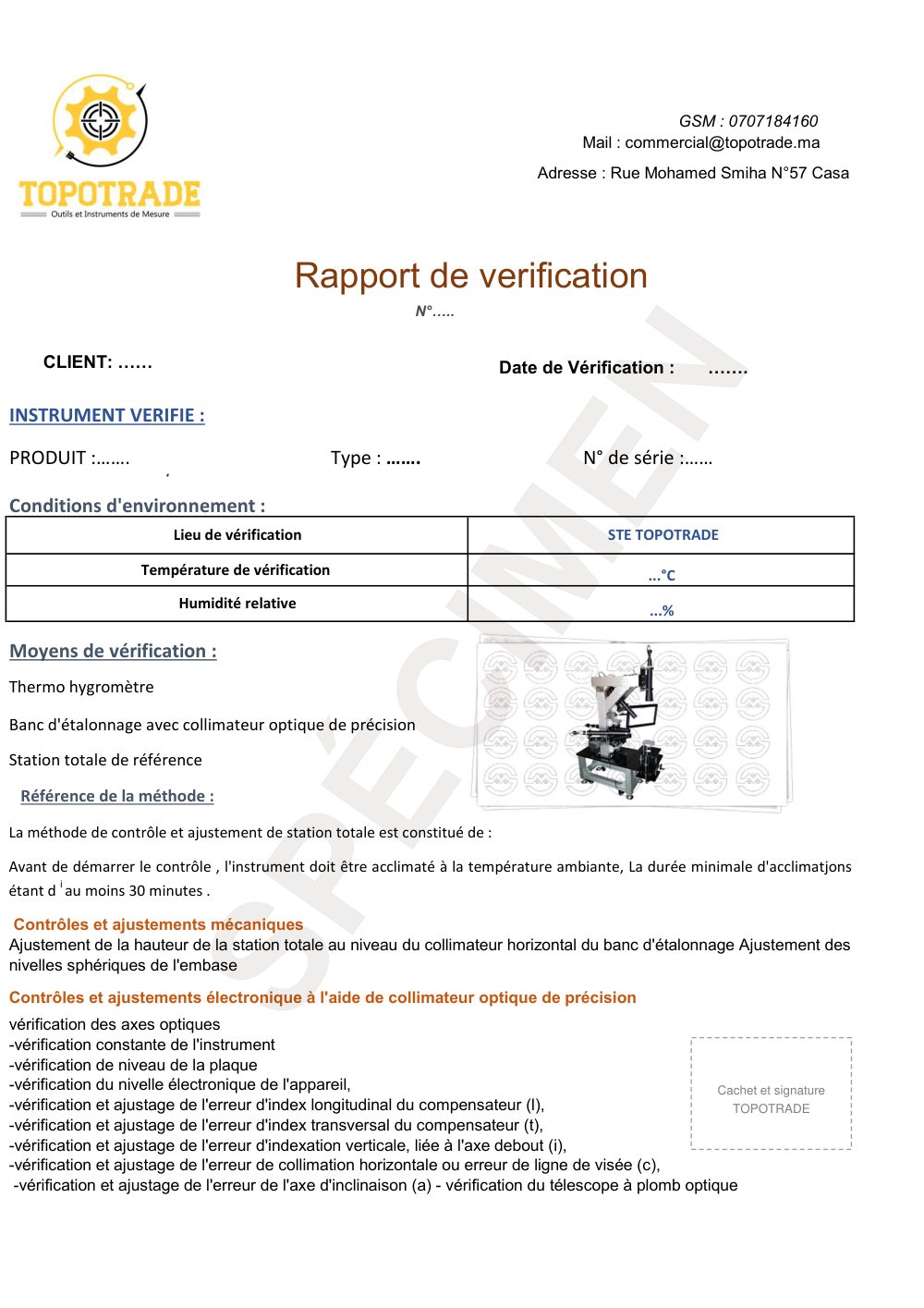 Spécimen — Rapport de vérification station totale — méthode